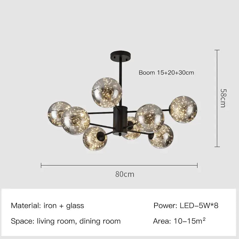 Modern black iron and glass pendant light with eight glowing spherical bulbs for decorbites gold star glass chandelier