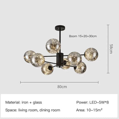 Modern black iron and glass pendant light with eight glowing spherical bulbs for decorbites gold star glass chandelier