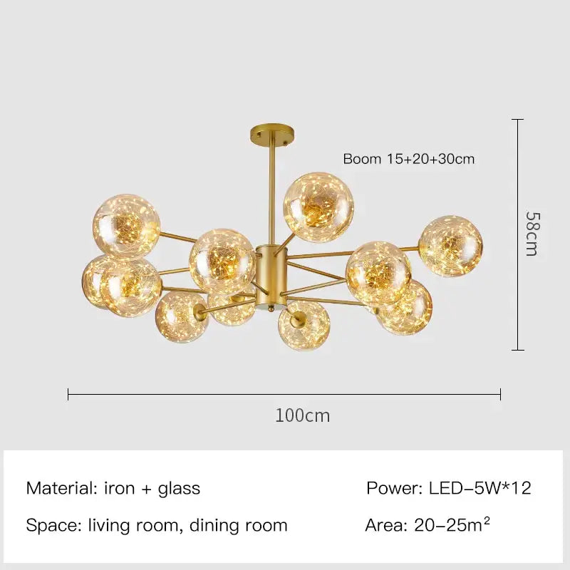 Modern gold star glass pendant light dining room chandelier with twelve glowing glass spheres and gold-toned iron frame