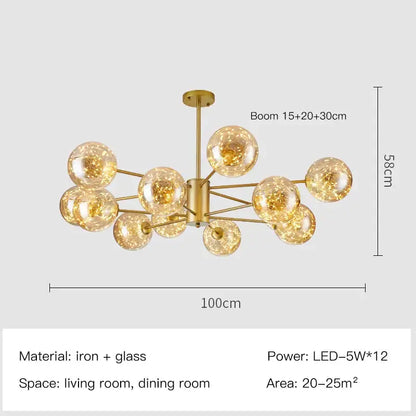 Modern gold star glass pendant light dining room chandelier with twelve glowing glass spheres and gold-toned iron frame