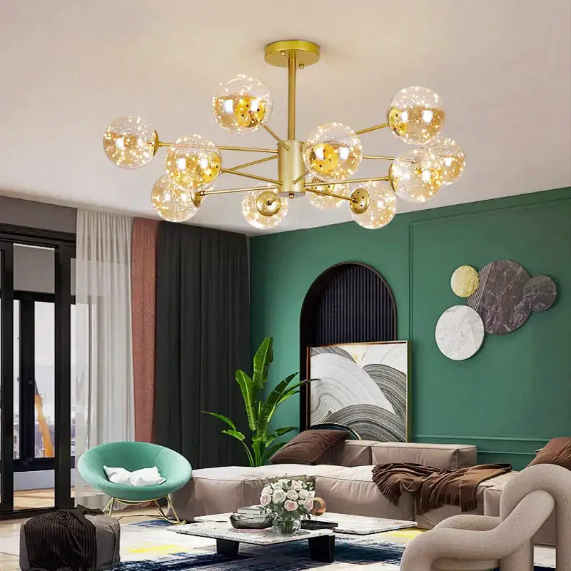 Modern gold star glass pendant light dining room chandelier with gold-toned frame and multiple clear glass globe bulbs