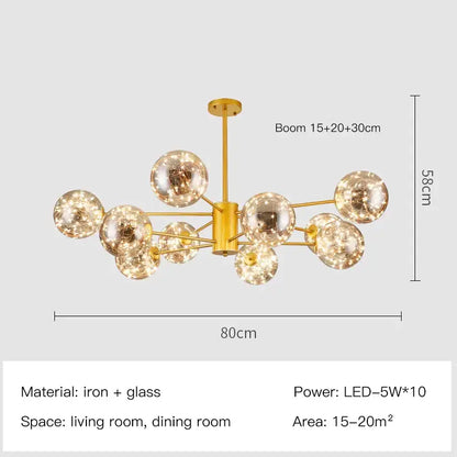 Modern gold star glass pendant light featuring gold-toned iron frame and multiple spherical globes for dining room decorbites gold star chandelier