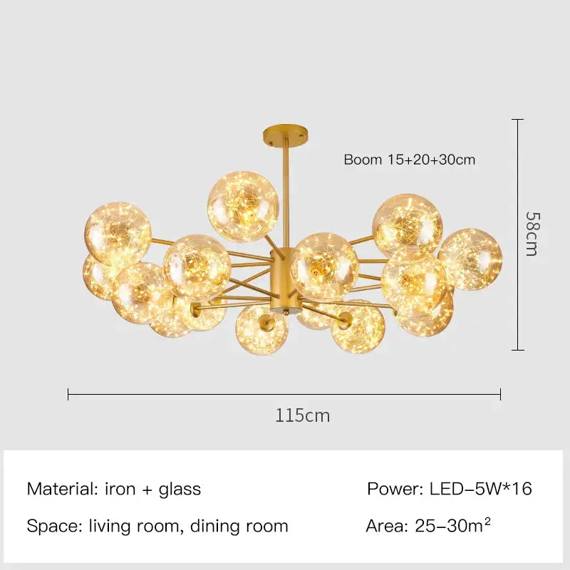 Modern gold star glass pendant light dining room chandelier with gold-toned spherical globes and iron frame by decorbites
