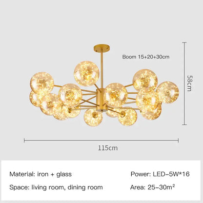 Modern gold star glass pendant light dining room chandelier with gold-toned spherical globes and iron frame by decorbites