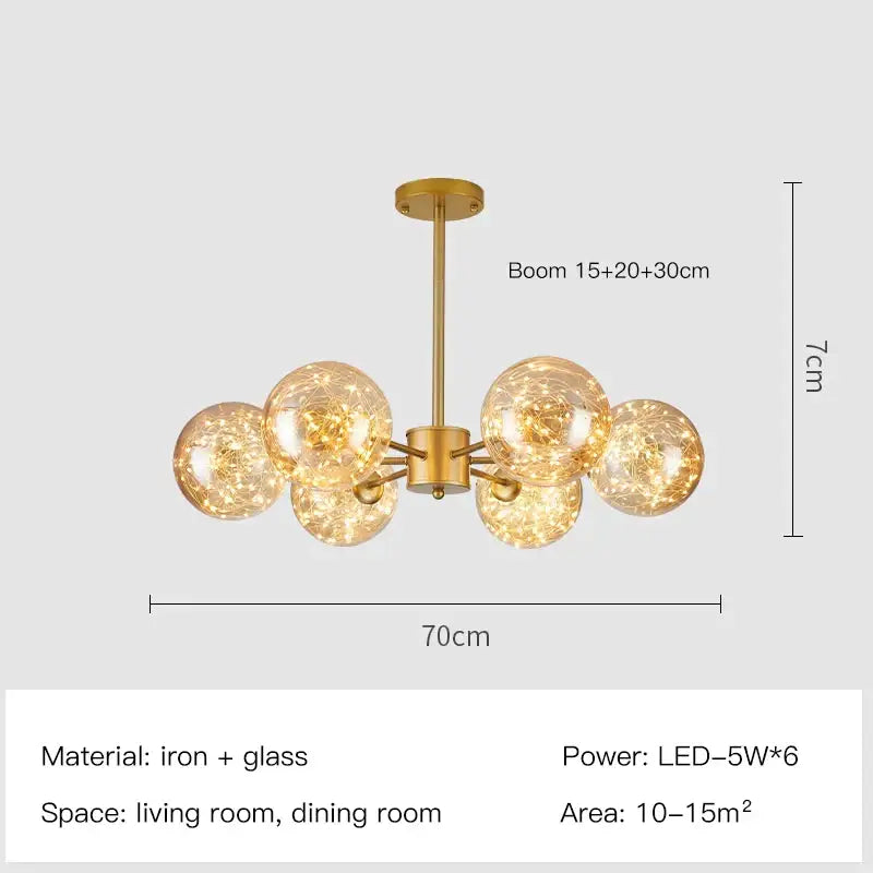 Modern gold star glass pendant light chandelier with six warm led globes crafted from iron and glass for dining room decorbites gold star