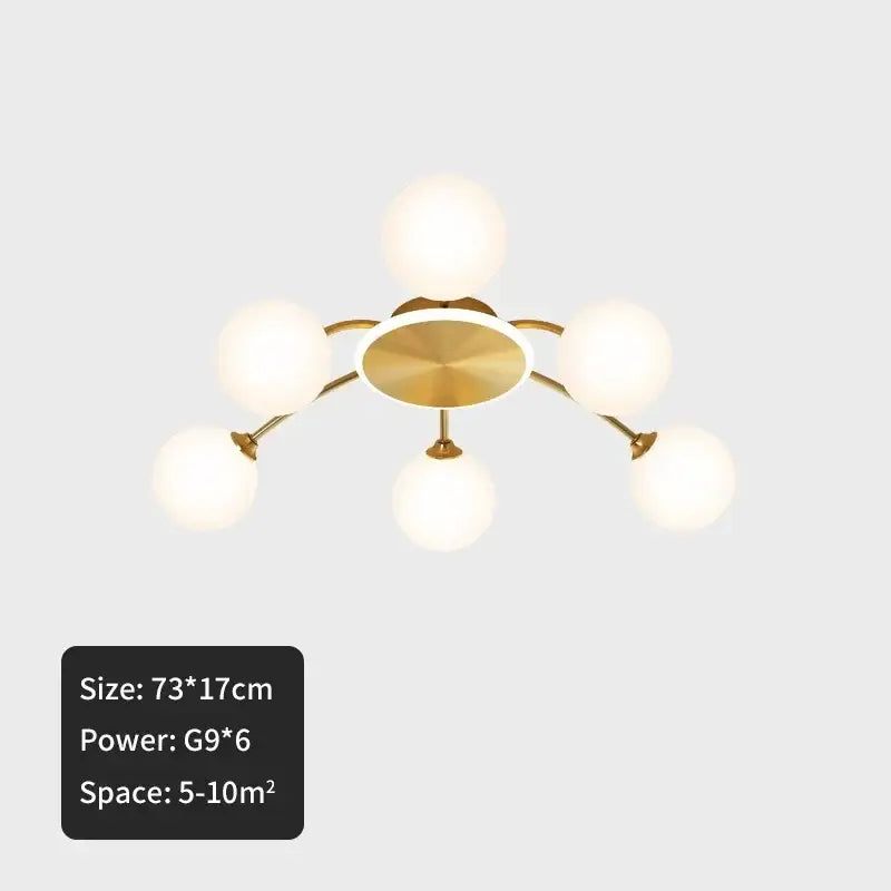 Modern gold starburst ball glass ceiling light with six frosted glass globes for living room ceiling light use