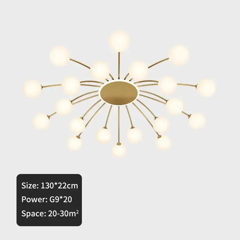 Modern gold starburst ceiling light with ball glass globes and slender arms for living room glass ceiling light