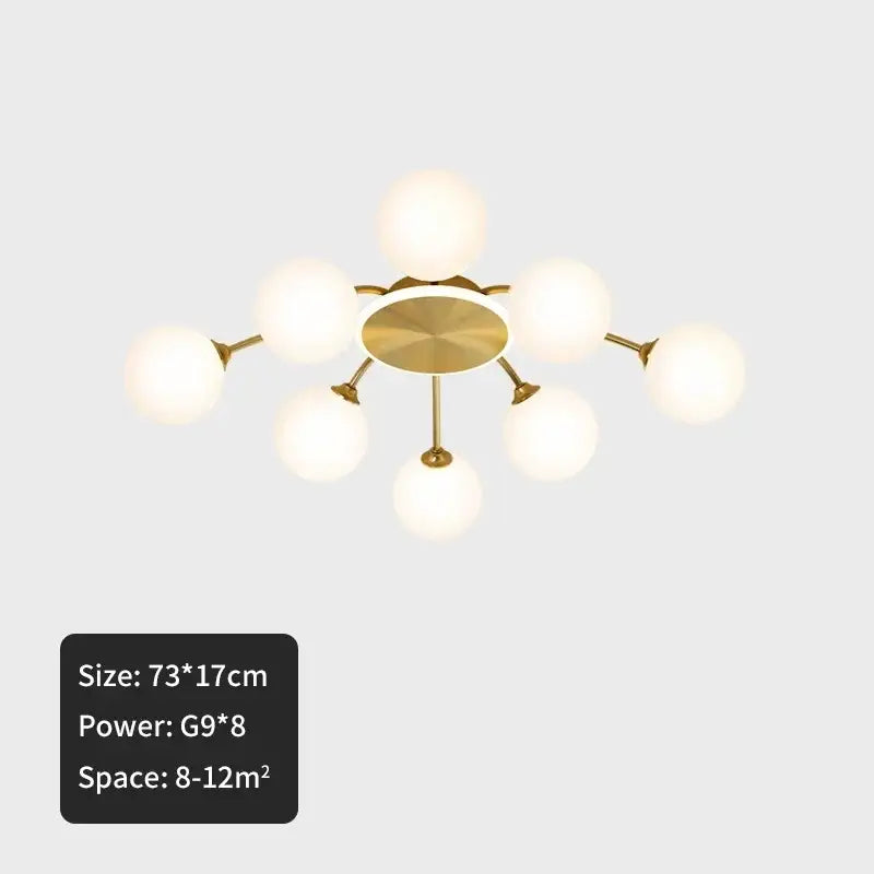 Modern gold starburst ceiling light with eight frosted ball glass globes for living room glass ceiling light design