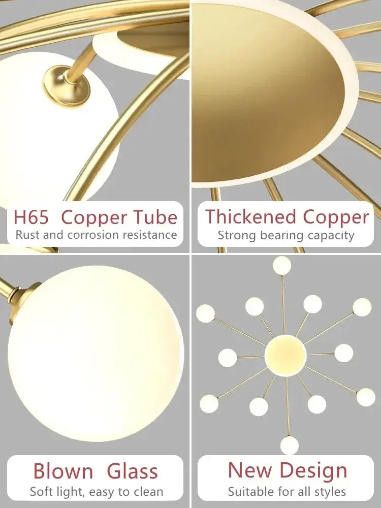 Modern gold starburst ball glass ceiling light with spherical blown glass shades and thickened copper tubes for living room