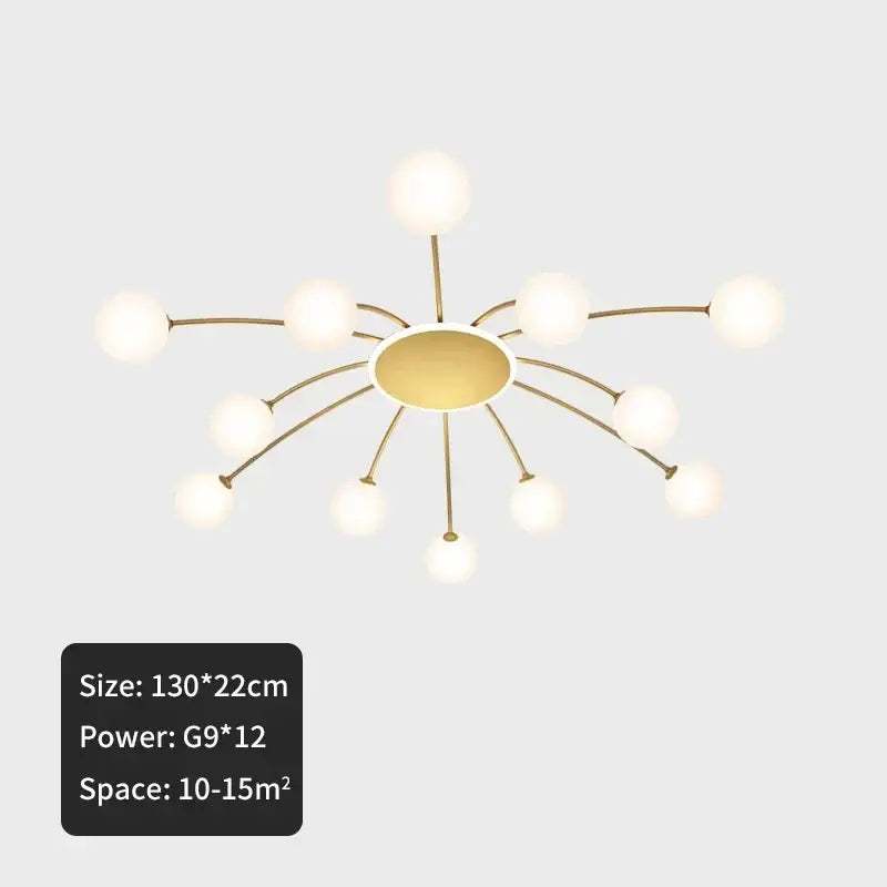 Modern gold starburst ball glass ceiling light with frosted globe bulbs and oval base for living room ceiling light