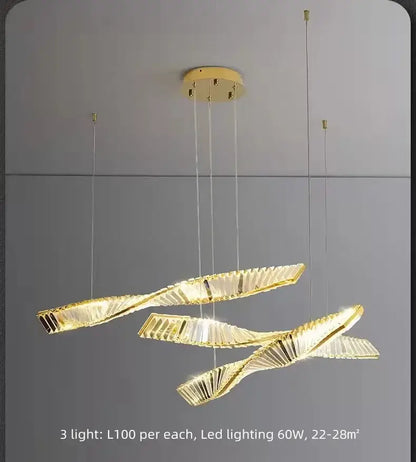 Modern gold steel led pendant light with three intertwined ribbon-like crystal arms for dining room decorbites gold steel chandelier