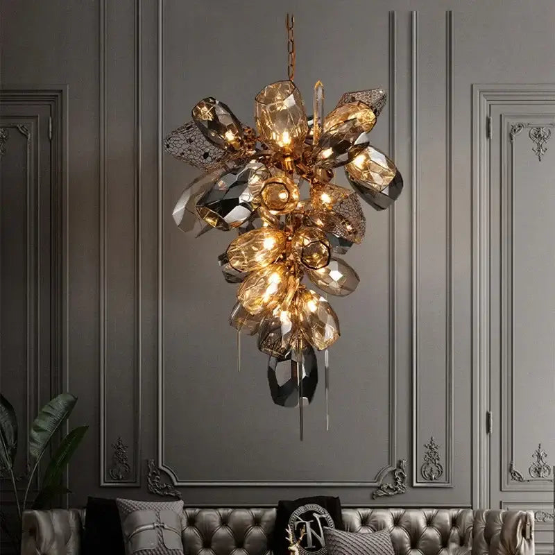Modern gold steel led pendant lights with gold-toned crystal chandelier featuring amber and mirrored glass decorbites gold steel