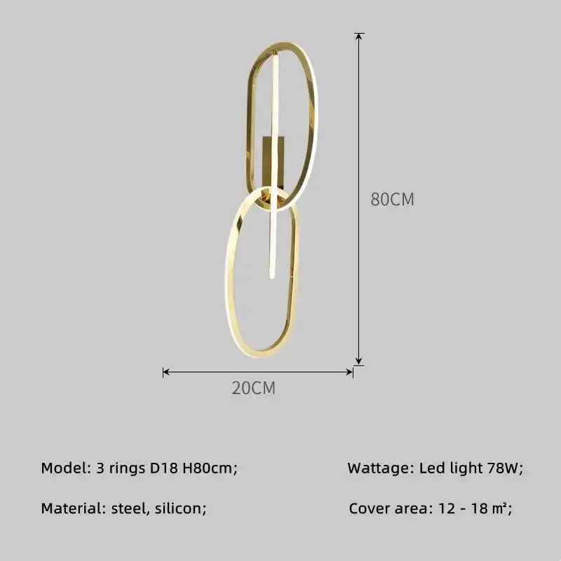 Modern gold steel pendant light with two interlocking oval rings and central led strip for dining room decorbites gold steel