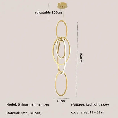 Modern gold steel pendant light featuring five interlocking rings made of steel and silicone with adjustable ceiling mount