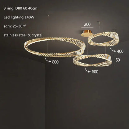 Modern gold steel rings pendant light with stainless steel and crystal design featuring golden accents for dining room