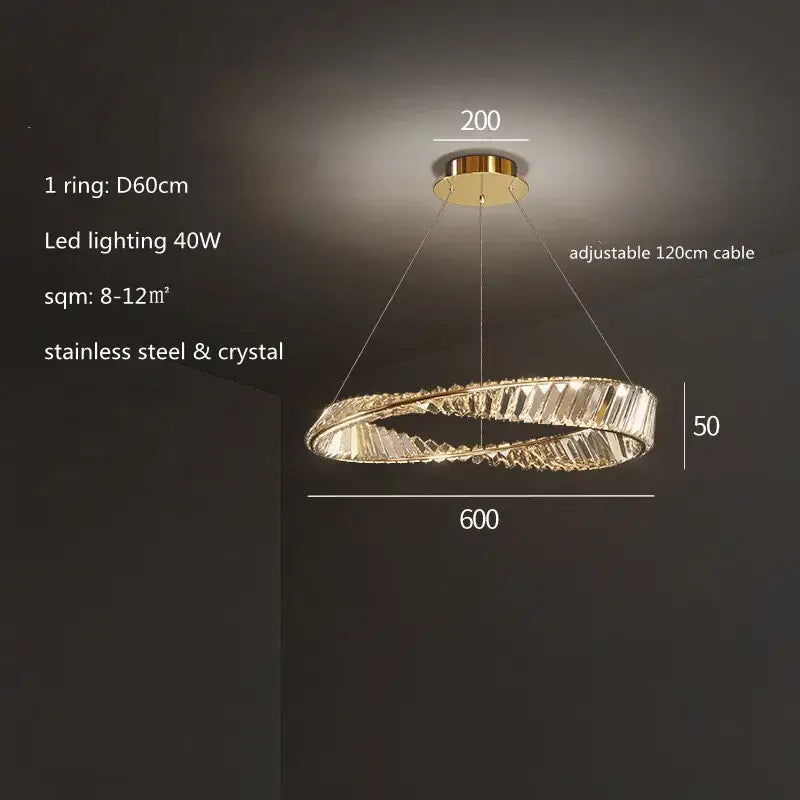 Modern gold steel rings pendant light with circular stainless steel frame and faceted crystal accents for dining room