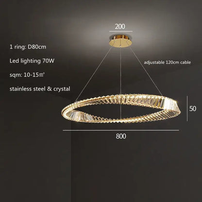 Modern gold steel rings pendant light with crystal elements and stainless steel frame for dining room illumination