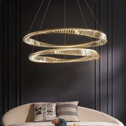 Modern gold steel rings pendant light with double-ring design and crystal accents for dining room lighting