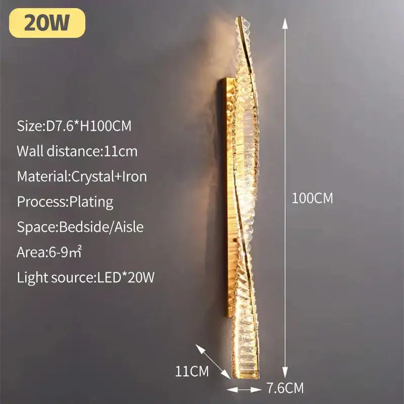 Modern gold steel rings pendant light with a 100cm tall wall-mounted gold steel sconce and cascading crystals