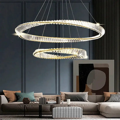 Modern gold steel rings double-ring pendant light with faceted crystal accents for dining room lighting