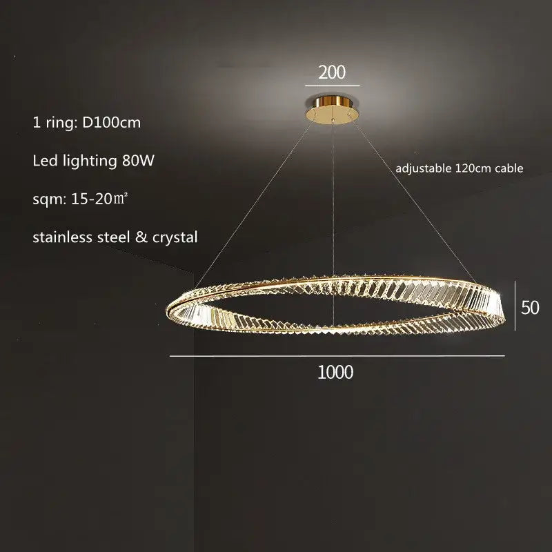Modern gold steel rings pendant light with gold-toned circular chandelier and crystal accents for dining room