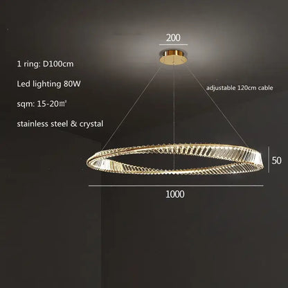 Modern gold steel rings pendant light with gold-toned circular chandelier and crystal accents for dining room