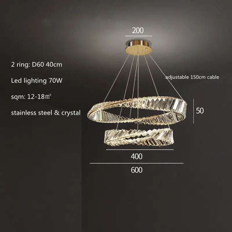 Modern gold steel rings pendant light with double-ring chandelier, faceted crystal accents, and stainless steel frame