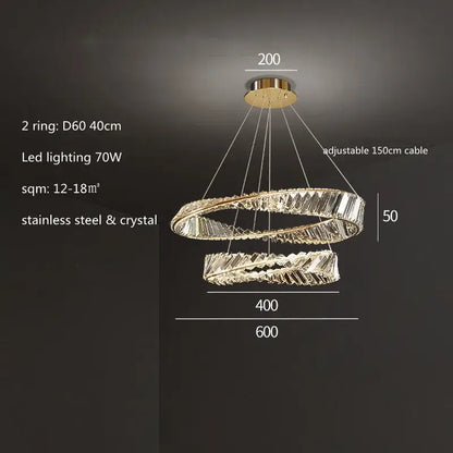 Modern gold steel rings pendant light with double-ring chandelier, faceted crystal accents, and stainless steel frame