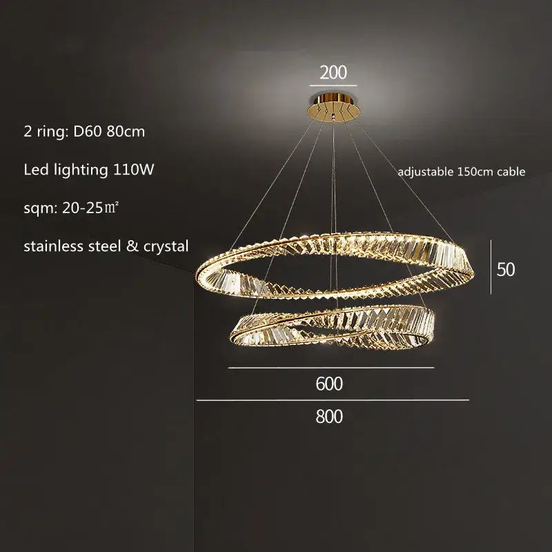 Modern gold steel rings pendant light with double-ring design stainless steel and crystal accents for dining room