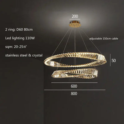 Modern gold steel rings pendant light with double-ring design stainless steel and crystal accents for dining room