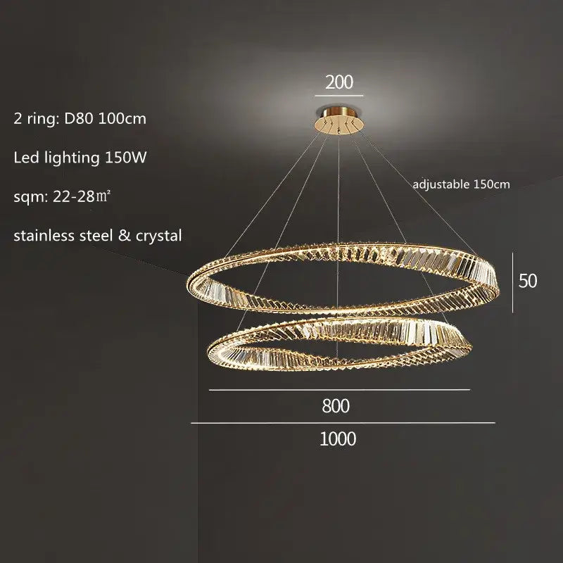 Modern gold steel pendant light featuring double gold steel rings crystal accents and stainless steel frame for dining room