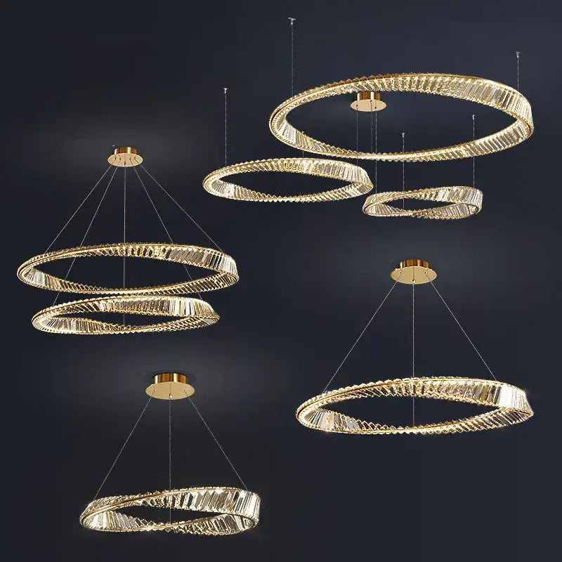 Modern gold steel rings pendant light with layered gold-toned crystal ring design for dining room illumination