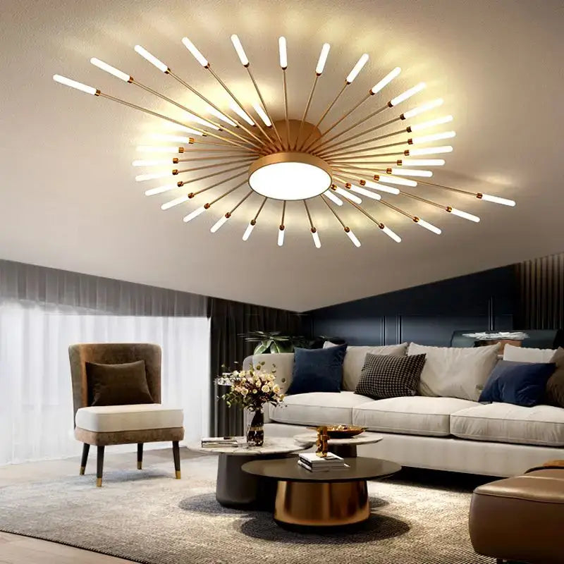 Modern gold sunburst acrylic led ceiling lights with multiple white cylindrical arms for bedroom decorbites acrylic led ceiling