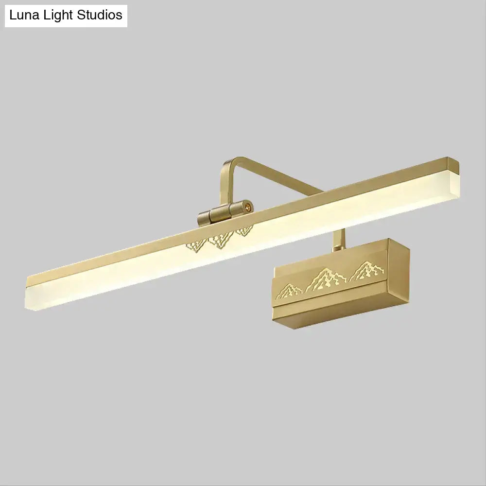 Modern gold swing arm wall sconce with tube metallic wall fixture and led mirror light featuring mountain motif engraving