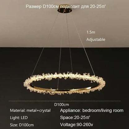 Modern gold swirling crystal pendant chandelier with a circular led frame for rooms up to 25 sqm decorbites crystal pendant