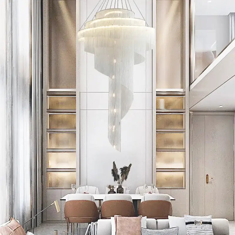 Modern gold tassel led chandelier with cascading white fringe and embedded lighting for elegant living room decorbites gold tassel