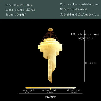Modern gold tassel led chandelier with cascading aluminum tiers and warm glow for living room decorbites gold tassel