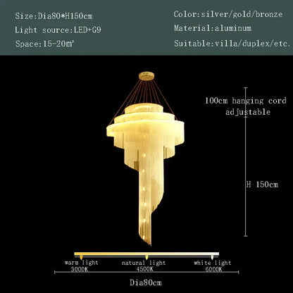 Modern gold tassel led tiered spiral chandelier with warm glow aluminum frame for living room decorbites gold tassel