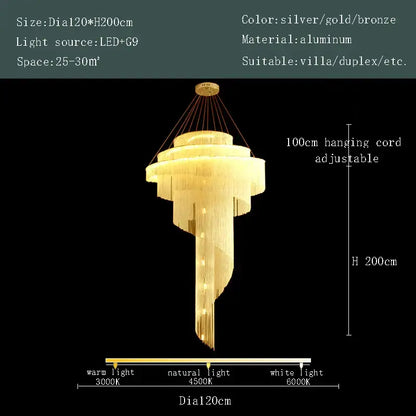 Modern gold tassel led chandelier with tiered cascading aluminum design and warm golden glow for living room decorbites gold tassel