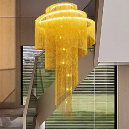 Modern gold tassel led chandelier with cascading metallic strands and embedded lights for elegant living room decorbites gold tassel