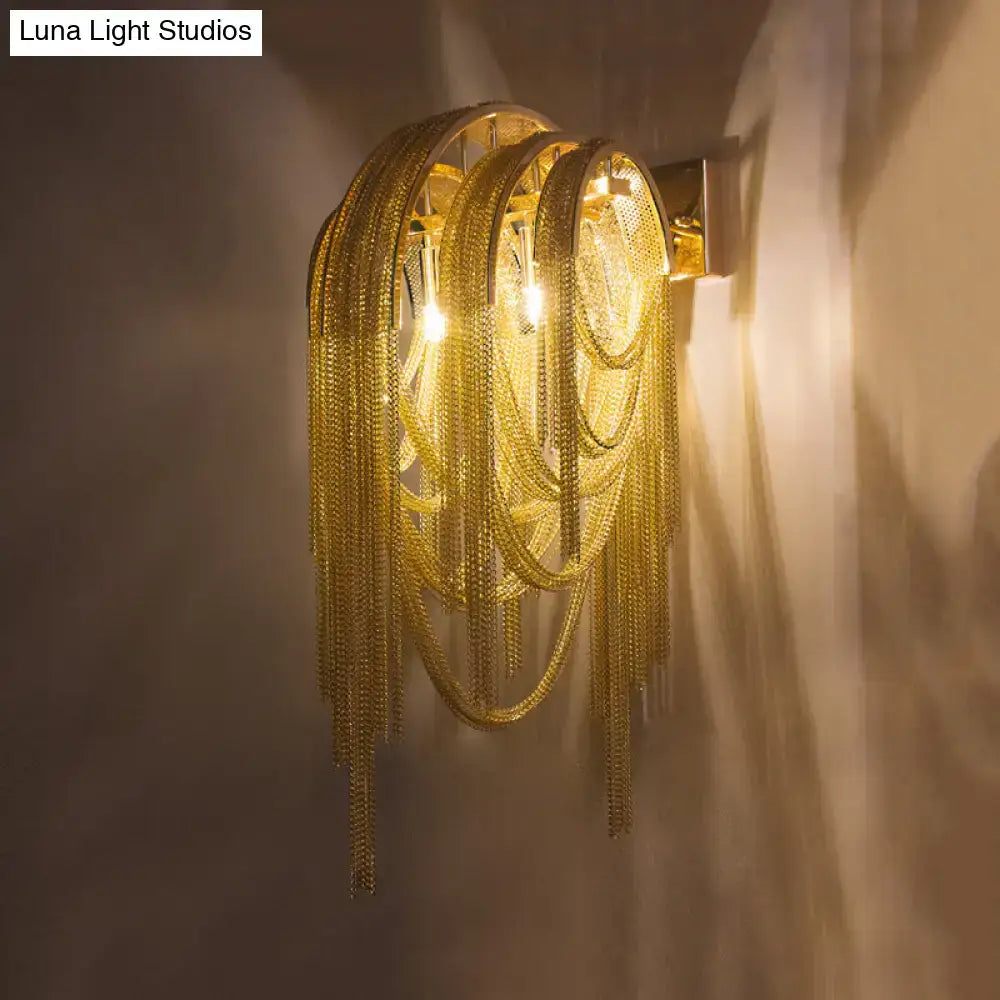 Modern gold tassel wall sconce with intricate layered golden chain design fixture width and height suitable for 110v-120v use