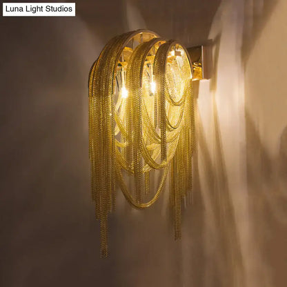 Modern gold tassel wall sconce with intricate layered golden chain design fixture width and height suitable for 110v-120v use