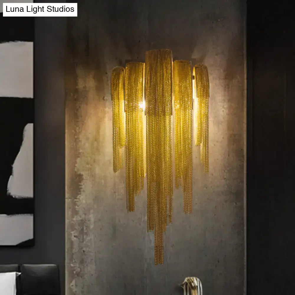 Modern gold tassel wall sconce with cascading metallic strands fixture width and height for 110v-120v light fixture