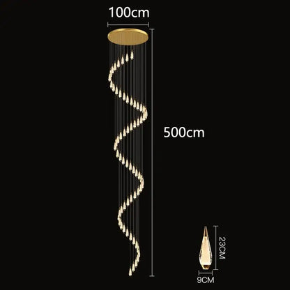 A 500cm gold-toned spiral decorbites led pendant chandelier with cascading teardrop crystals for staircase lighting