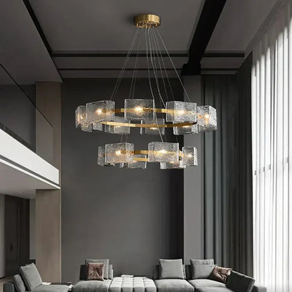 Modern gold textured glass crystal chandelier featuring double-tier textured glass cubes and metal frames by decorbites crystal chandelier