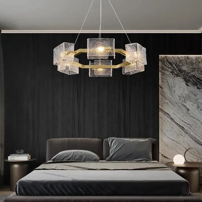 Modern gold textured glass crystal chandelier with translucent cubes in geometric design for living room decorbites crystal chandelier