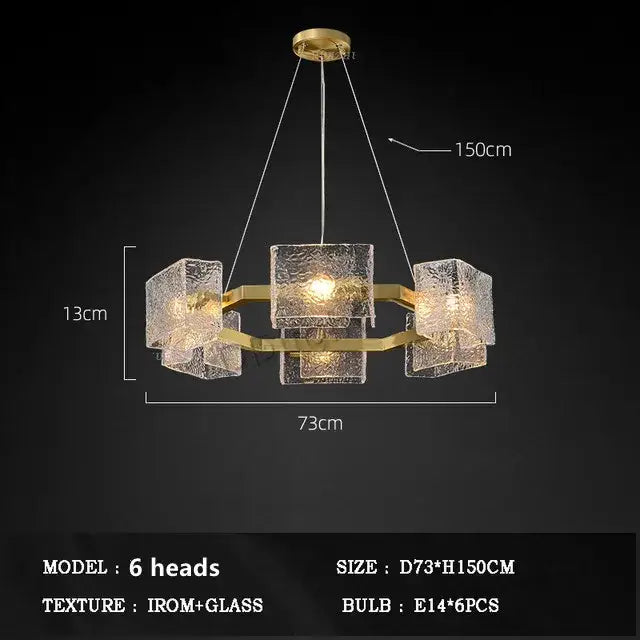 Modern gold textured glass crystal chandelier with six cube lights suspended by cables for living room decorbites crystal chandelier