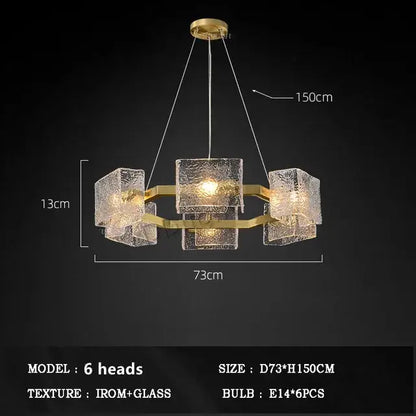 Modern gold textured glass crystal chandelier with six cube lights suspended by cables for living room decorbites crystal chandelier