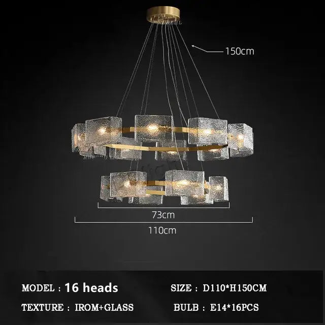 Modern gold textured glass crystal chandelier with two tiers of frosted cubes and 16 bulbs by decorbites crystal chandelier