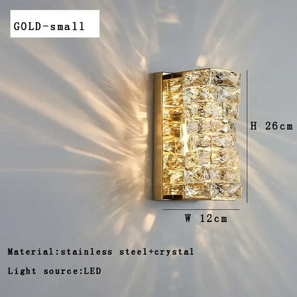 Modern gold wall sconce lamps with textured glass, stacked crystal cubes, and stainless steel frame for bedroom decor